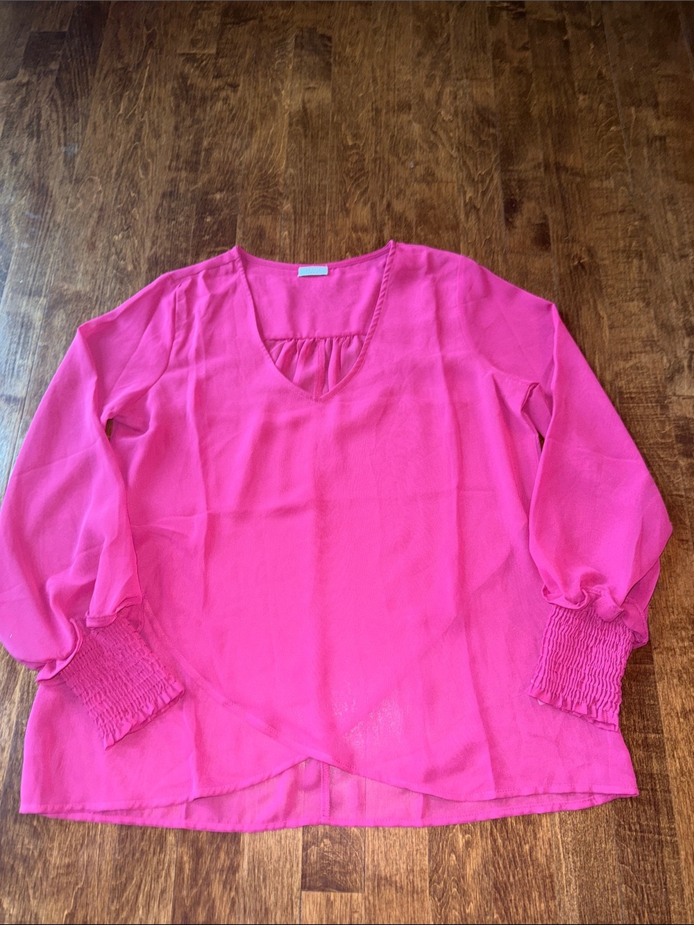 Studio Hot Pink V-Neck Long Sleeve Blouse with Smocked Cuffs